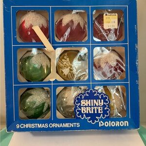 Vintage Shiny Brite 9 Unsilvered Snow Cap & Stenciled Christmas Ornaments in Box